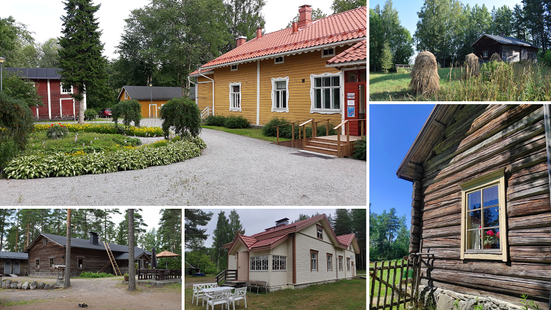 Etelä-Karjalan alueella sijaitsevia talomuseoita ulkoa kuvattuna. 